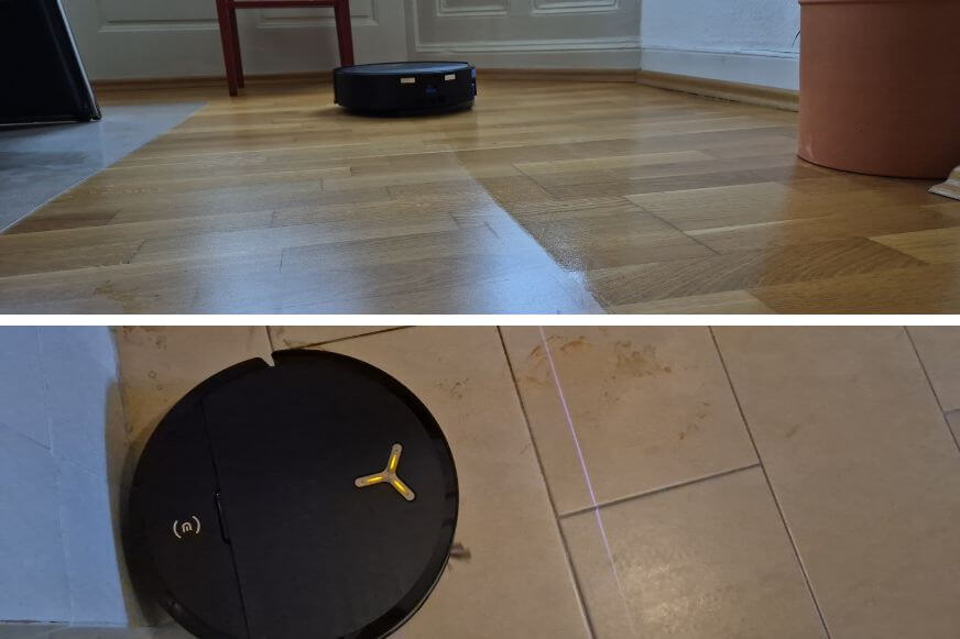 Die OZMO Roller 2.0 Walze des X9 im Detail wird im Test auf die Wischleistung bei eingetrockneten Flecken und Holzböden gezeigt.